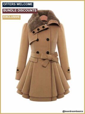Faux Fur Collar Wool Blend Pea Coat Double Breasted Flare Swing Trench Jacket